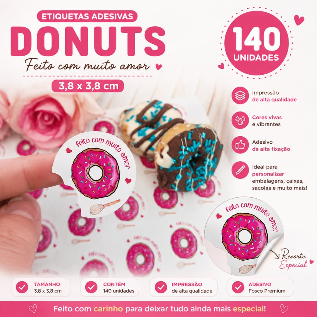 140  Etiquetas Adesivas Donuts 3,8x3,8