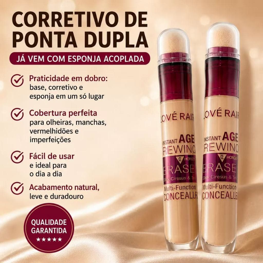Corretivo Líquido com Esponja 2 em 1 Lové Rain, Alta Cobertura para Olheiras, Manchas e Imperfeições, Longa Duração, Aca