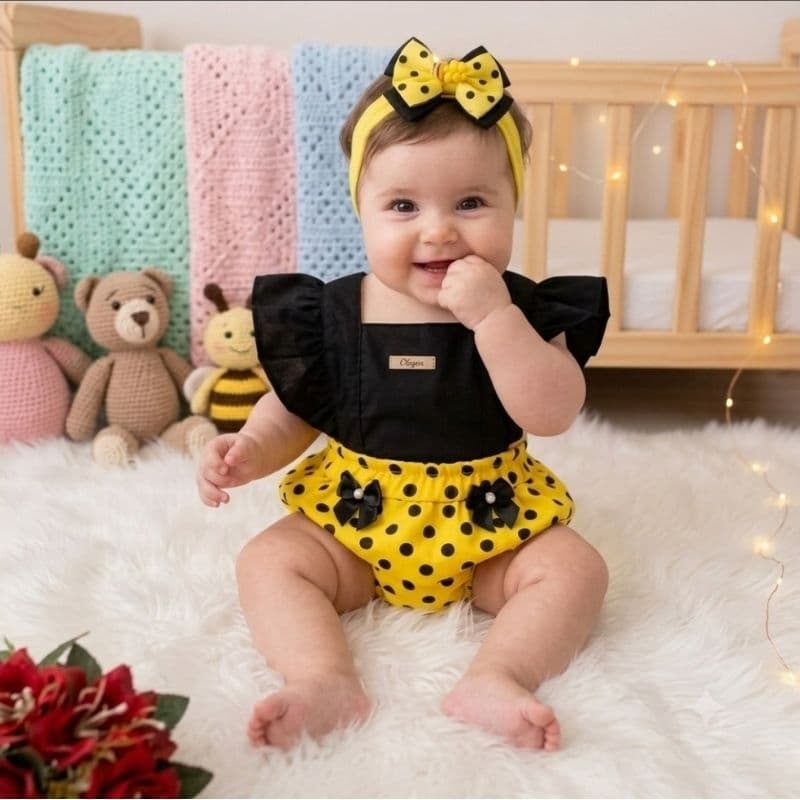 Romper Abelha Abelhinha + Faixa De Cabelo Jardineira Temático Mesversário Conjunto de Bebê Ensaio Fotográfico