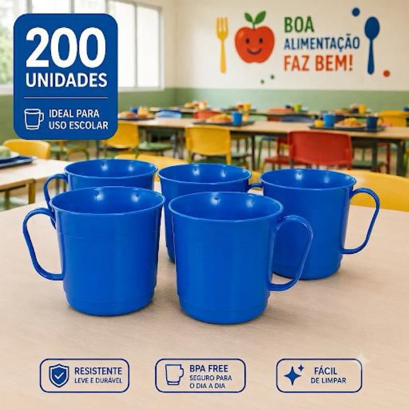 Kit 200 Canecas Com Alça 300ml Escolar Plástico Cor Azul Copo Suco Refrigerante