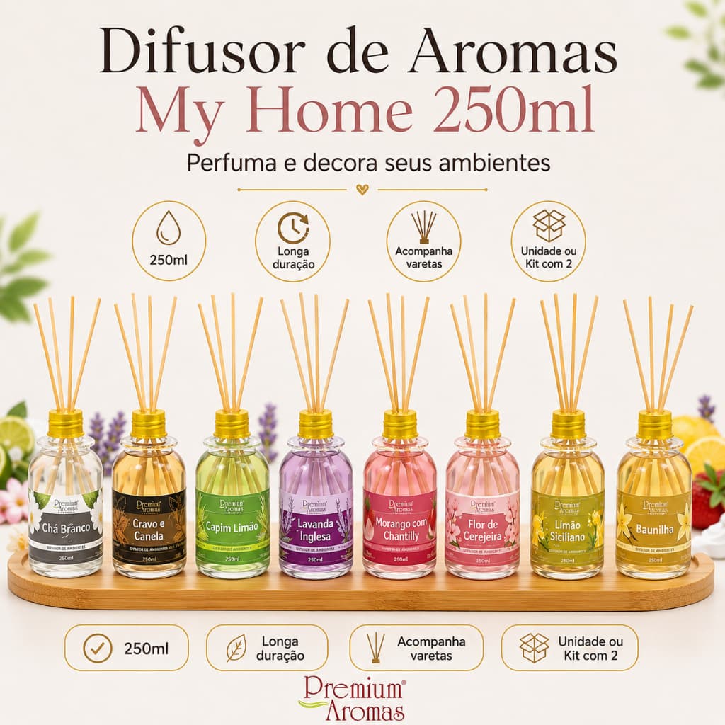 Difusor de Aromas My Home 250ml com Varetas Aromatizador de Ambientes Unidade ou Kit 2