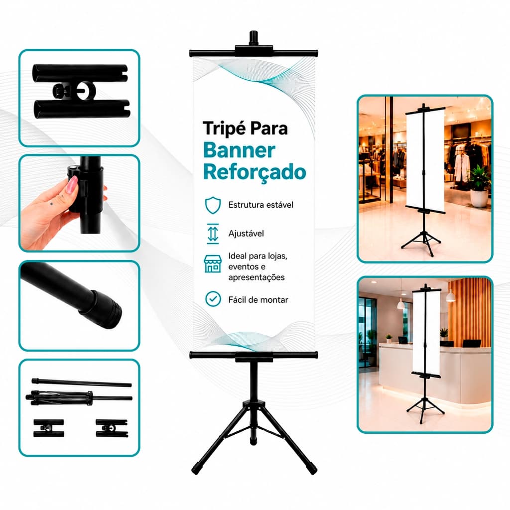 Tripé Banner 230cm Ajustável Suporte Display Portátil Eventos Lojas Feiras Apresentações Estável