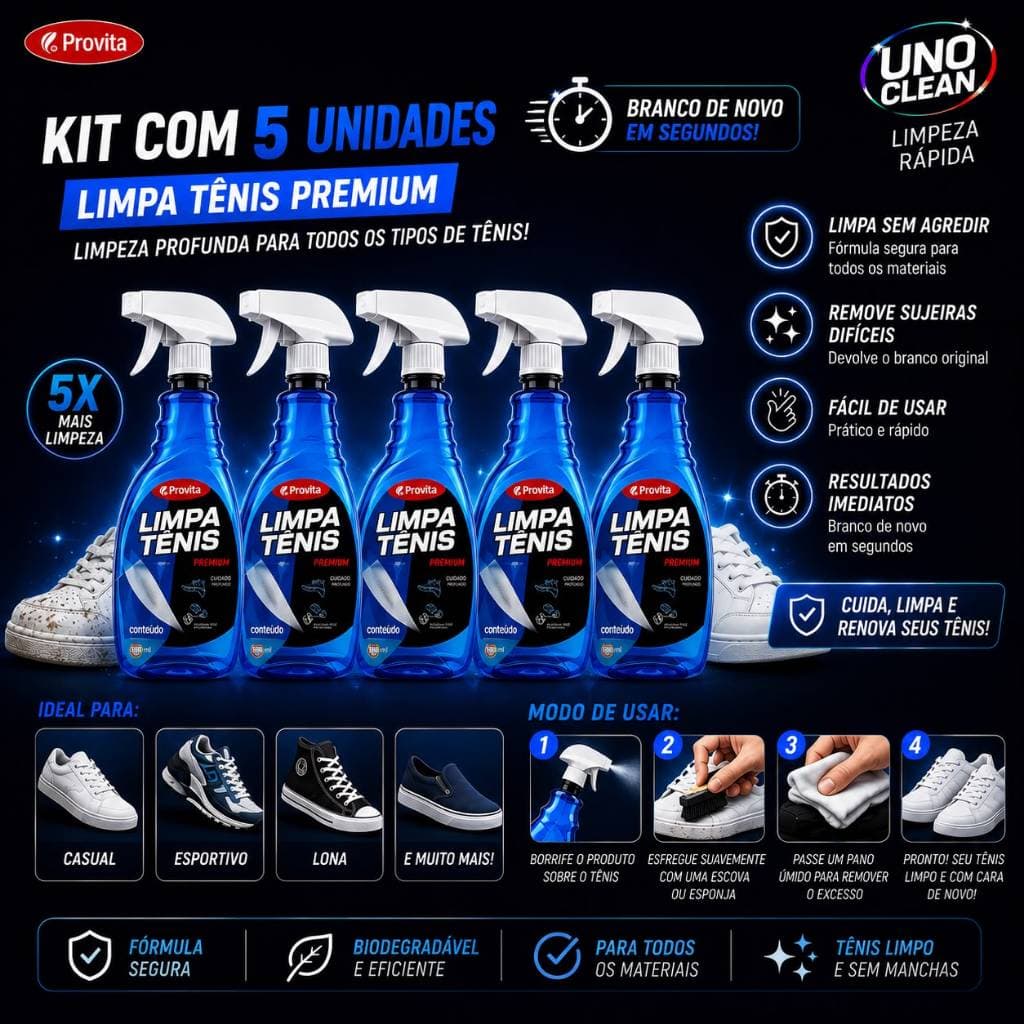 Kit Com 5 Limpa Tênis Spray 500ml Limpeza Profunda Limpa Sapato Branco Sola Camurça Couro Provita