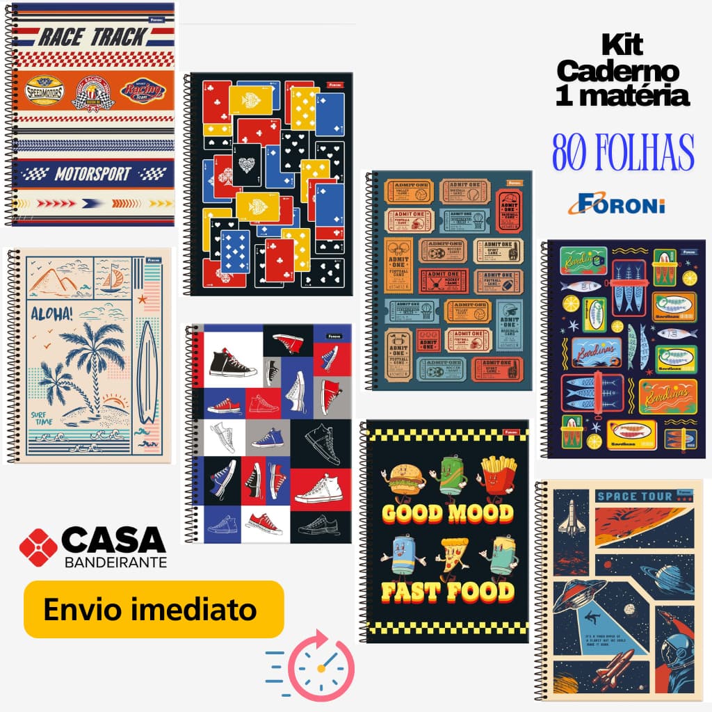 Kit 8 Caderno Foroni Espiral Capa Dura Universitário 1 Matéria 80 Folhas Masculino Grande