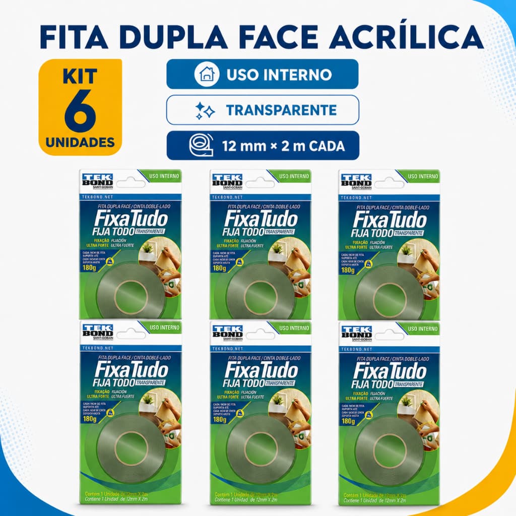 Kit 6 Fita Dupla Face Acrílica Interna Tekbond 12mm x 2m