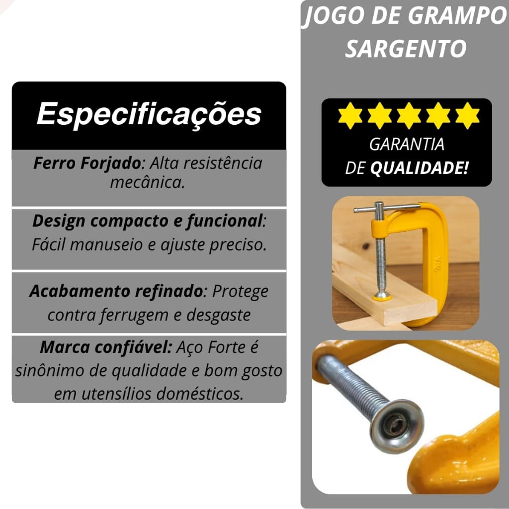 Kit Sargento Tipo C 3 Peças Aço Forte Grampo 3,2,1 Polegadas Jogo de Grampo Mais Fireza no Projeto