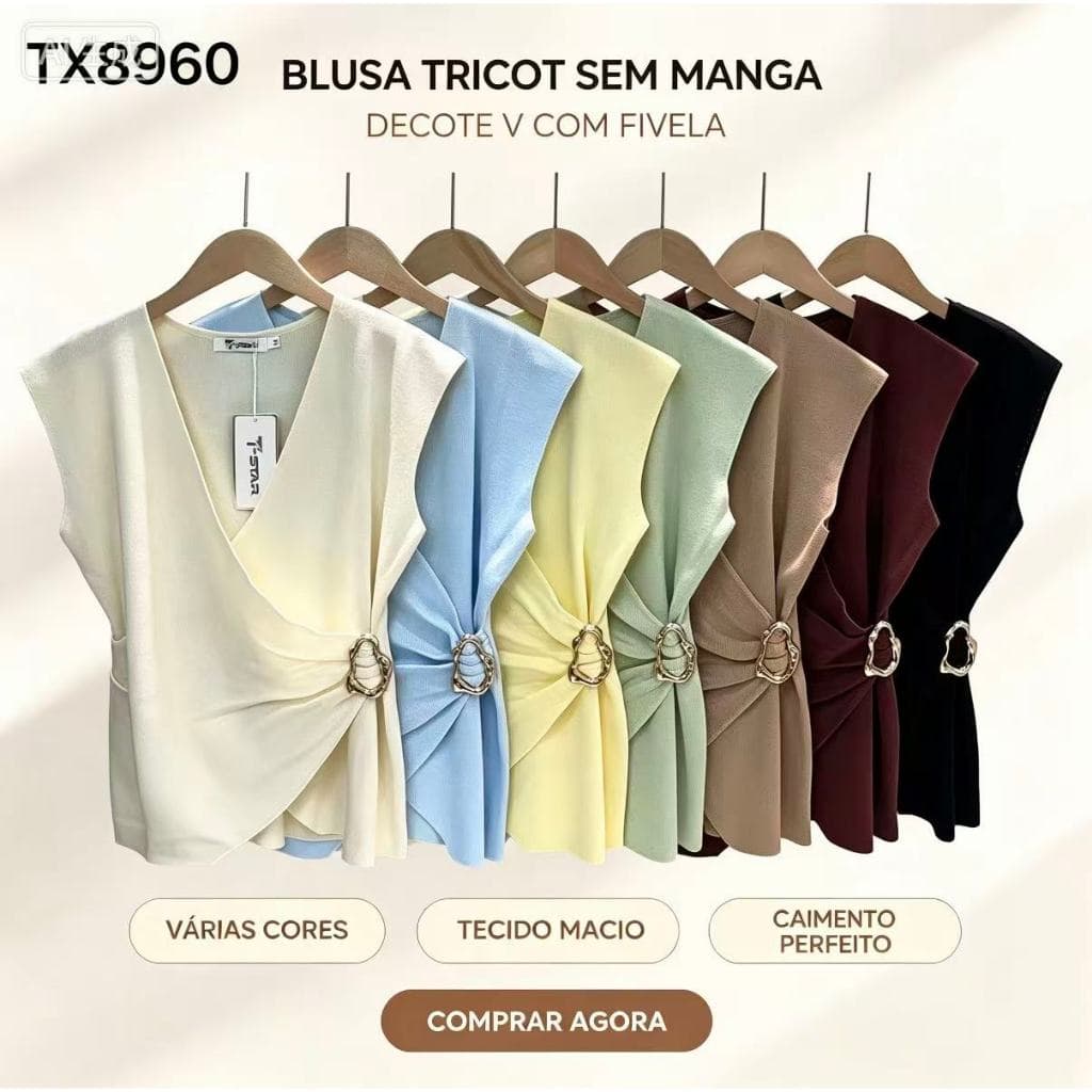 Blusa sem manga tricot feminina decote V com fivela metálica lateral modeladora várias cores casual verão modelo TX8960