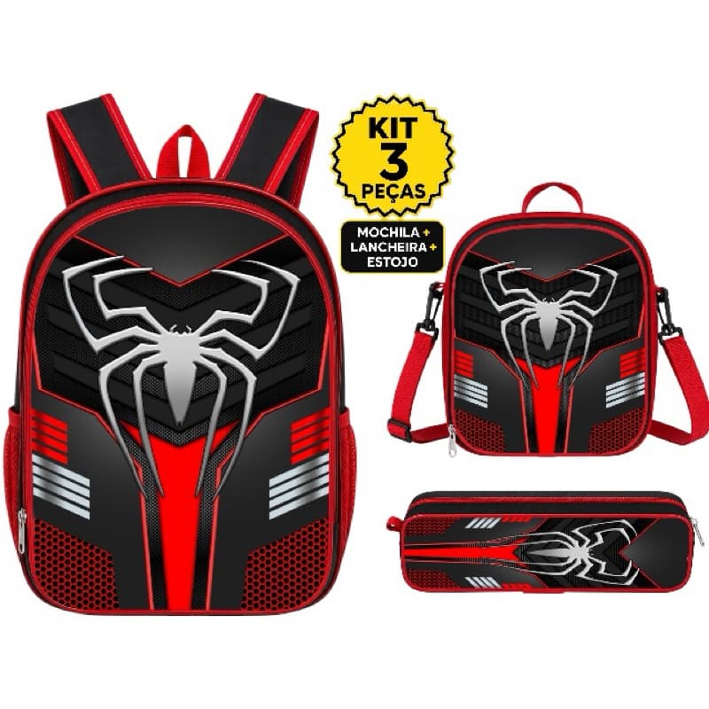 Mochila Infantil Escolar Aranha Menino Lancheira Térmica + Estojo + Mochila com forro interno
