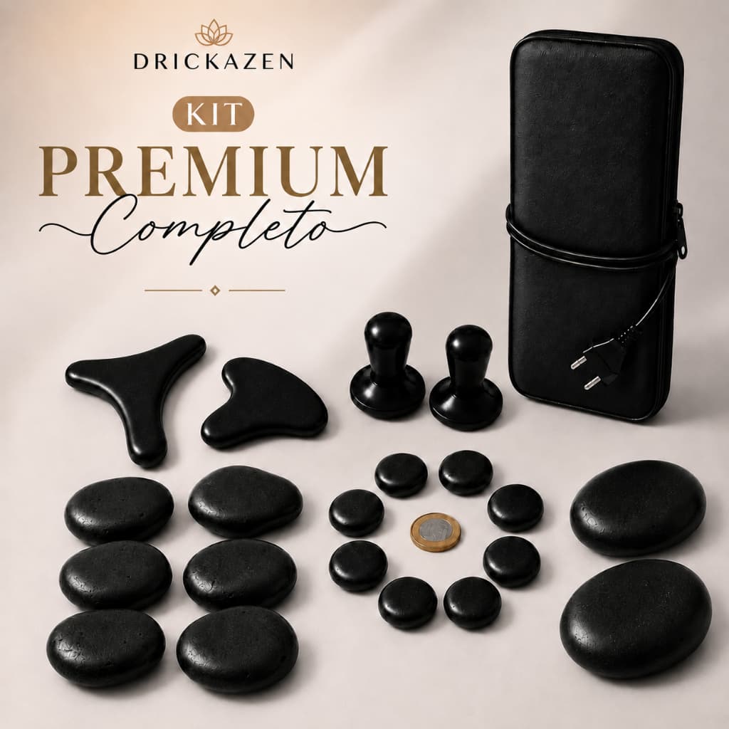 Kit Completo para Massagem Premium : 12 Pedras Vulcânicas + 10 Podais + Bolsa Térmica + Pantala + Gua Sha + 2 Cogumelos