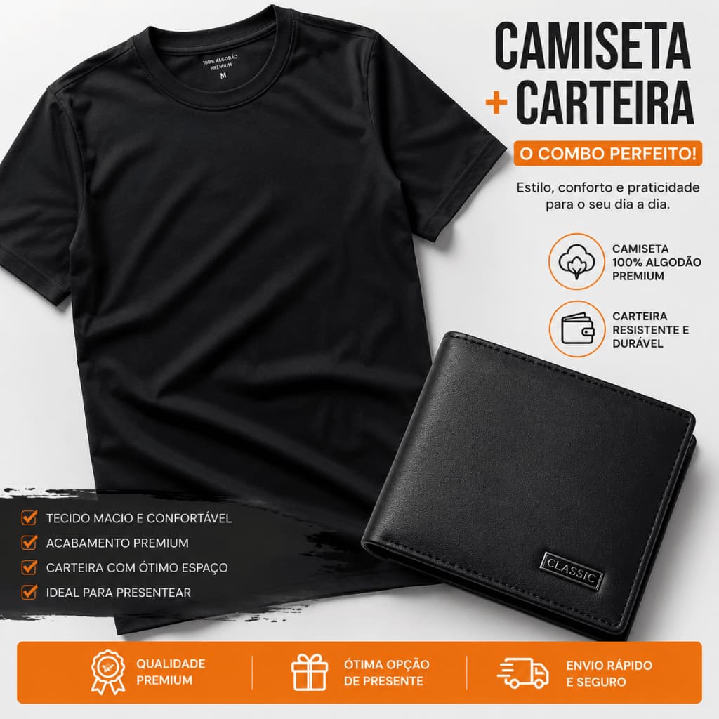 Kit Dia Dos Pais Camiseta 100% Algodão + Carteira 100% Couro Envio Imediato!