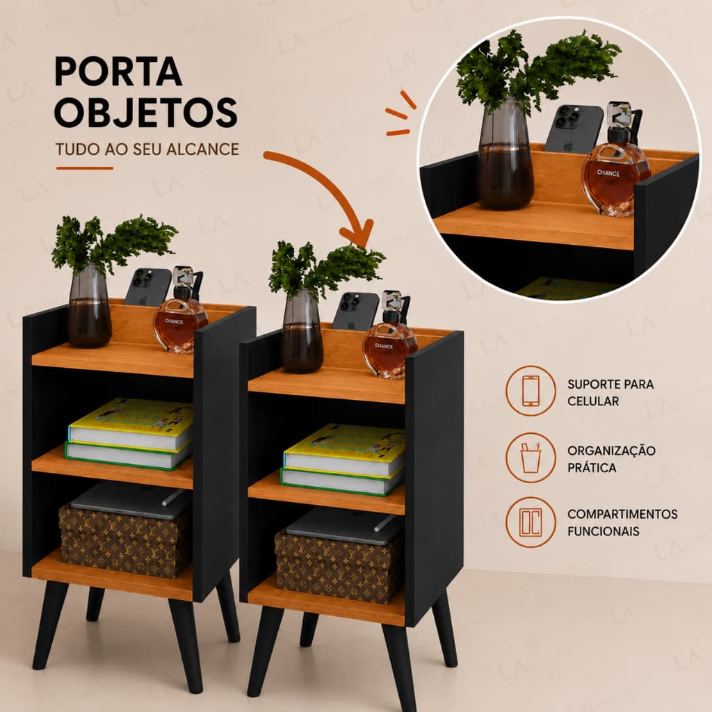 Kit 2 Mesas de Cabeceira Max Moderna com Nicho Suporte de Celular Compacta Organizador para Quarto