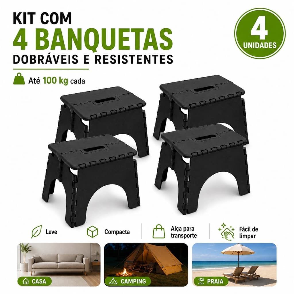 Kit 4 Banquetas Banquinhos Dobráveis de Plástico até 60kg para Camping Pesca Viagem Praia