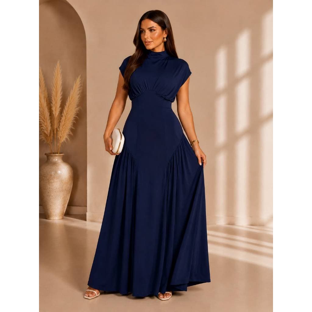 Vestido Hello Longo Feminino Azul-Marinho em Malha Fluity Elegante com Cintura Marcada
