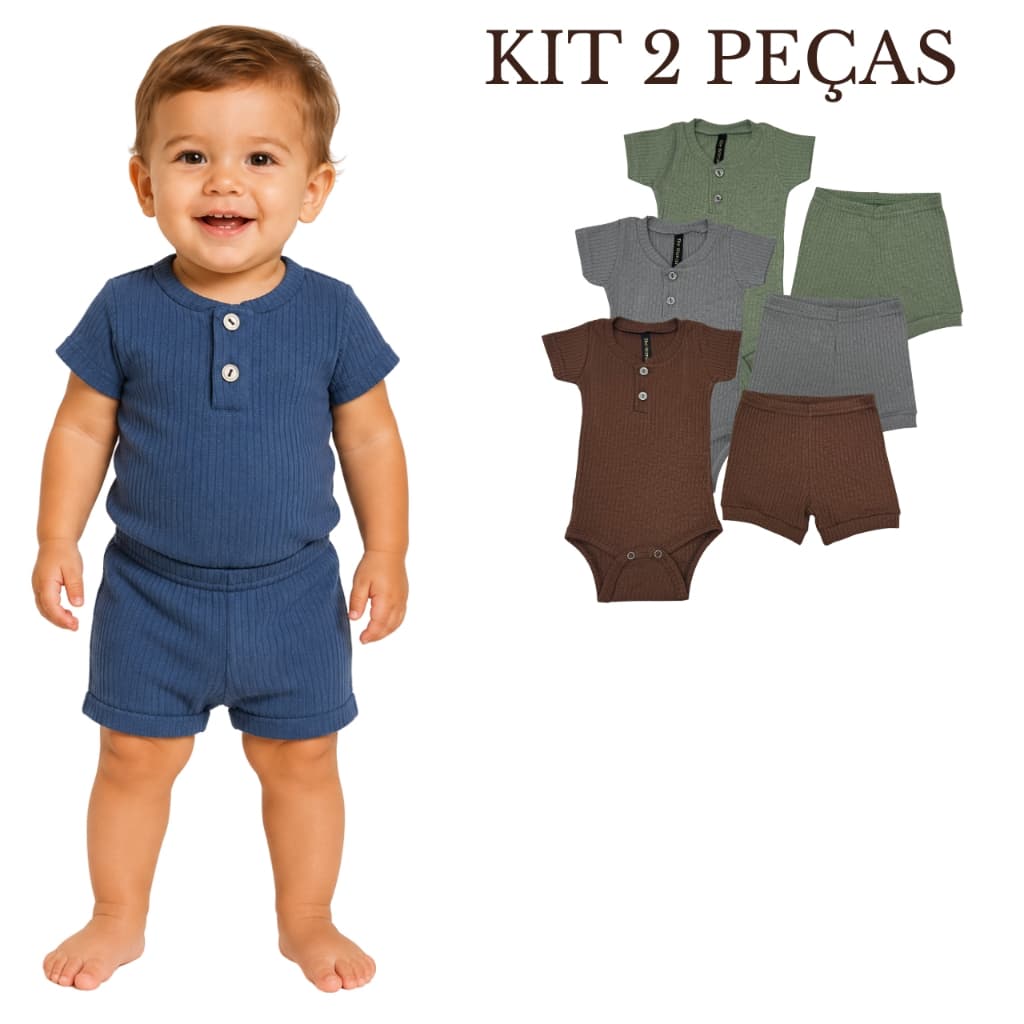 Kit 2 Peças Conjunto Body Bebê Menino Manga Curta Shorts Ribana Canelada Peitilho Verão