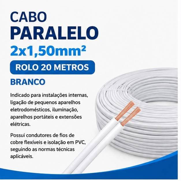 Cabo Paralelo 2x1,50mm Branco Rolo 20 Metros Fios de Cobre