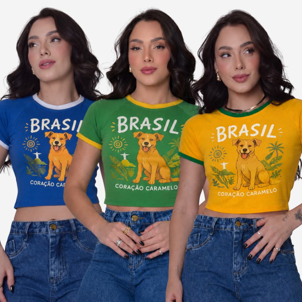 Kit 2 Camiseta Cropped Feminino Cachorro Caramelo Baby Look Brasil Rio de Janeiro Estampa Tropical Praia