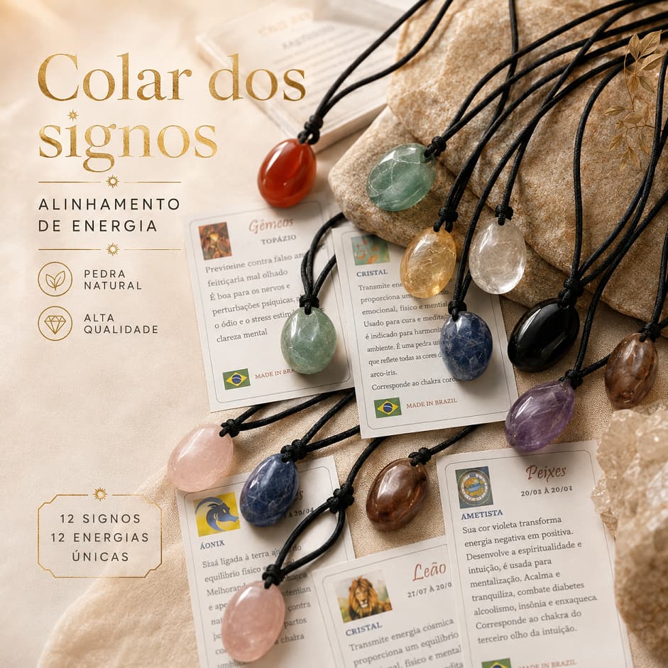 Colar Pingente Pedra Do Signo Natural Proteção Prateado Amuleto Escudo Cordao Regulavel