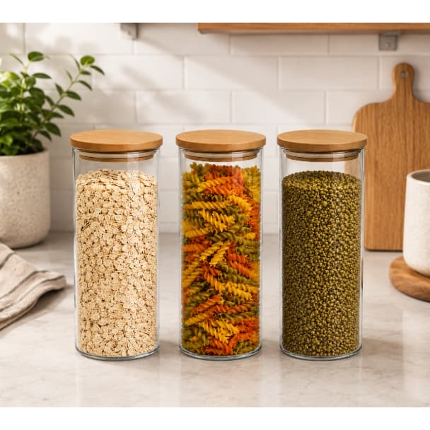 Kit 3 Potes de Vidro Herméticos 750ml Tampa Bambu Vedação Silicone Organizador Cozinha Mantimentos