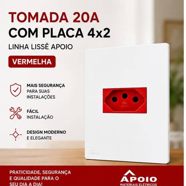 Tomada Vermelha 20A com Placa 4x2 Linha Lissê Apoio