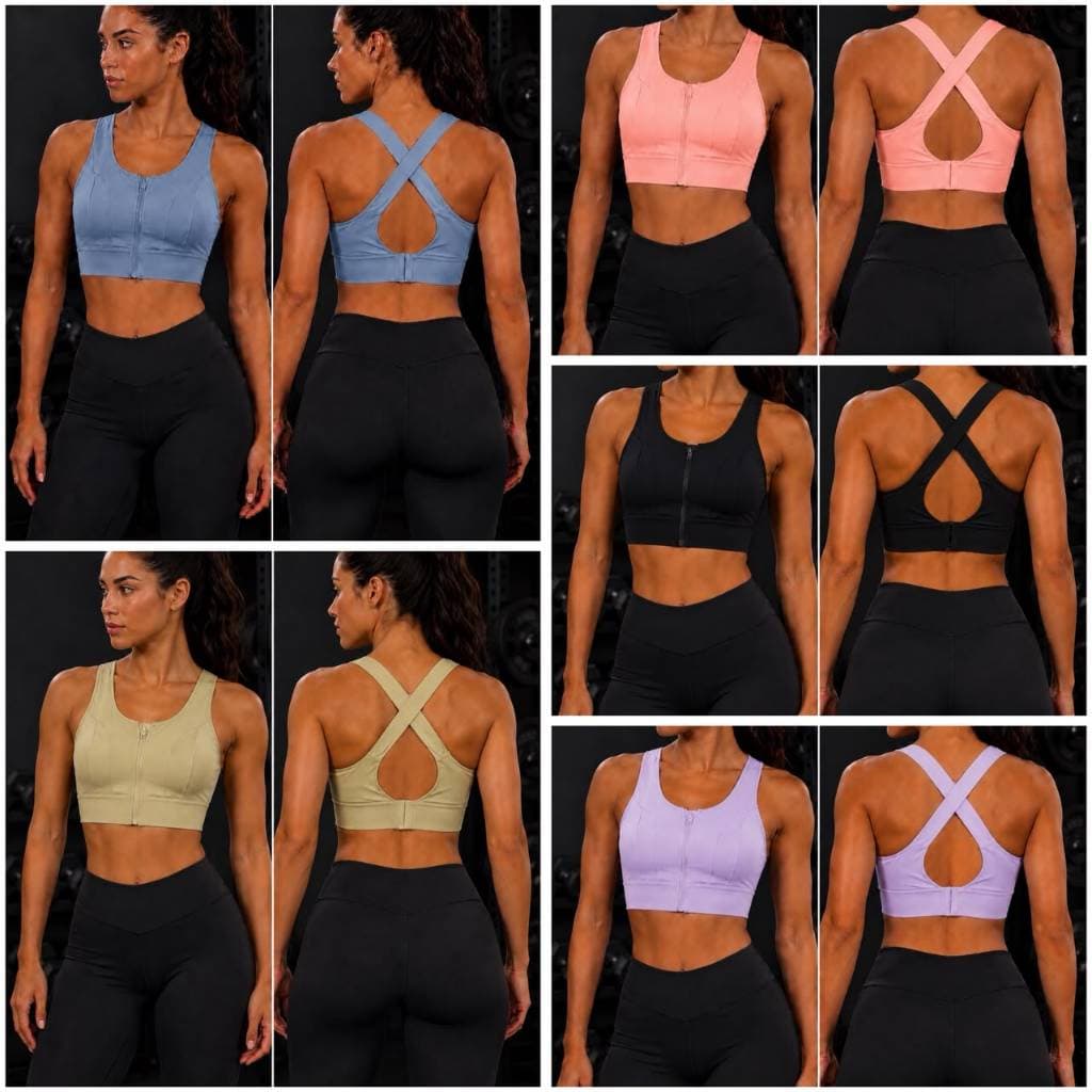 Top Esportivo Feminino Zíper Frontal Academia Fitness Treino Costas Cruzadas Regulável Alta Sustentação