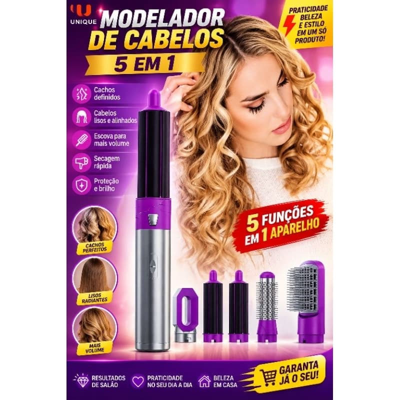 Escova secadora e  Modelador de Cabelo 5 em 1 Escova Secadora bivolt Alisadora Modeladora de Cachos