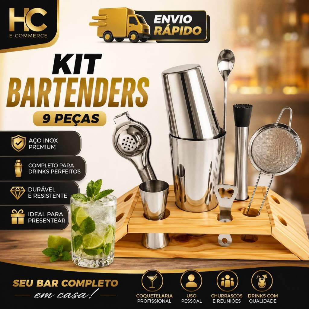 Kit Bartender 9 Peças: Coqueteleira Boston 820ml, Suporte, Dosador, Colher, Socador, Espremedor, Abridor e peneira