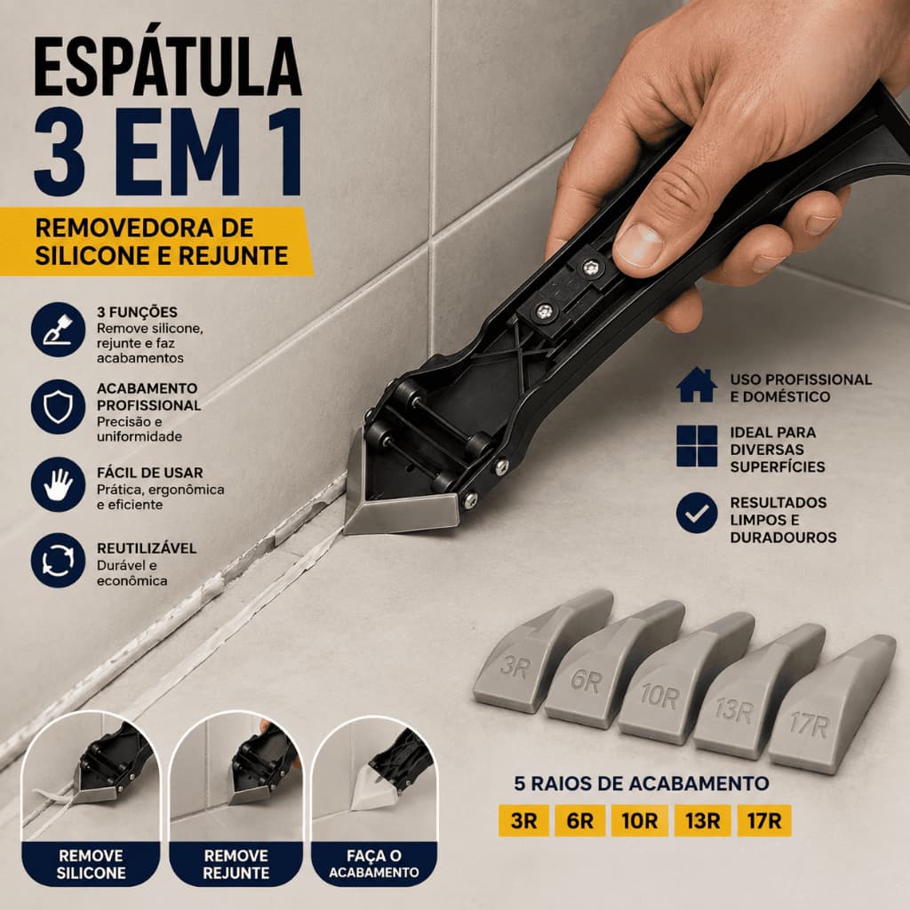 Espátula Removedora de Silicone e Rejunte 3 em 1 - 5 Raios Acabamento Aplicador Raspador Profissional