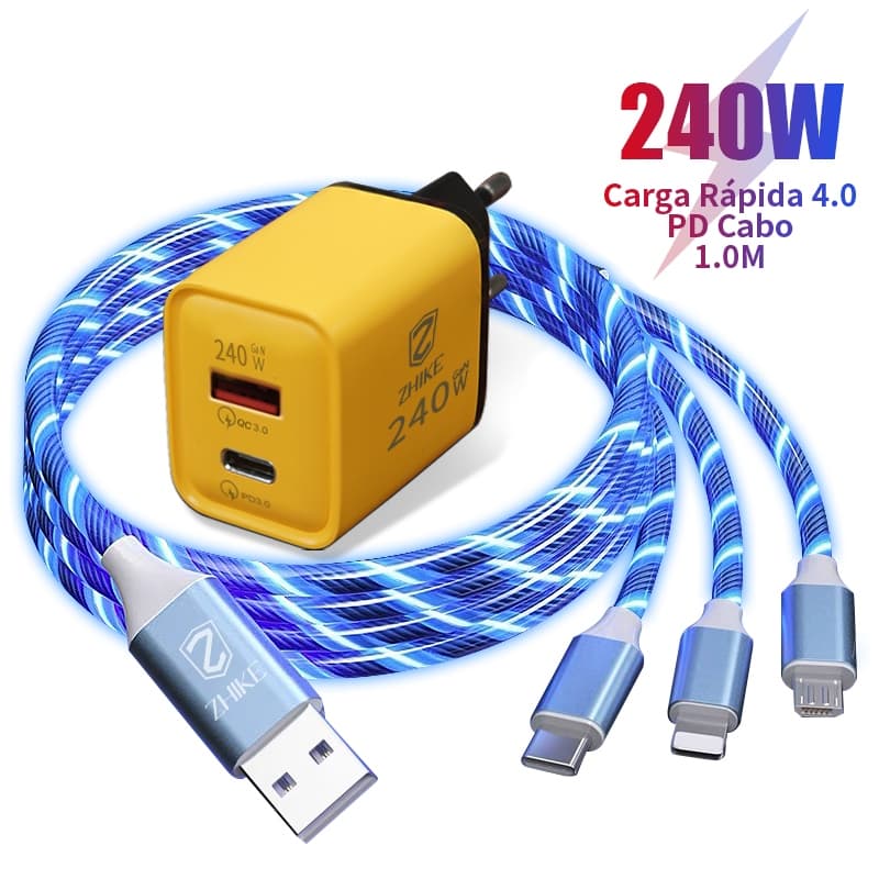 Cabo Carregador Carregamento Rápido 3 em 1 USB-A Para Tipo C Micro USB iP 1,2M Streamer Com Adaptador GaN