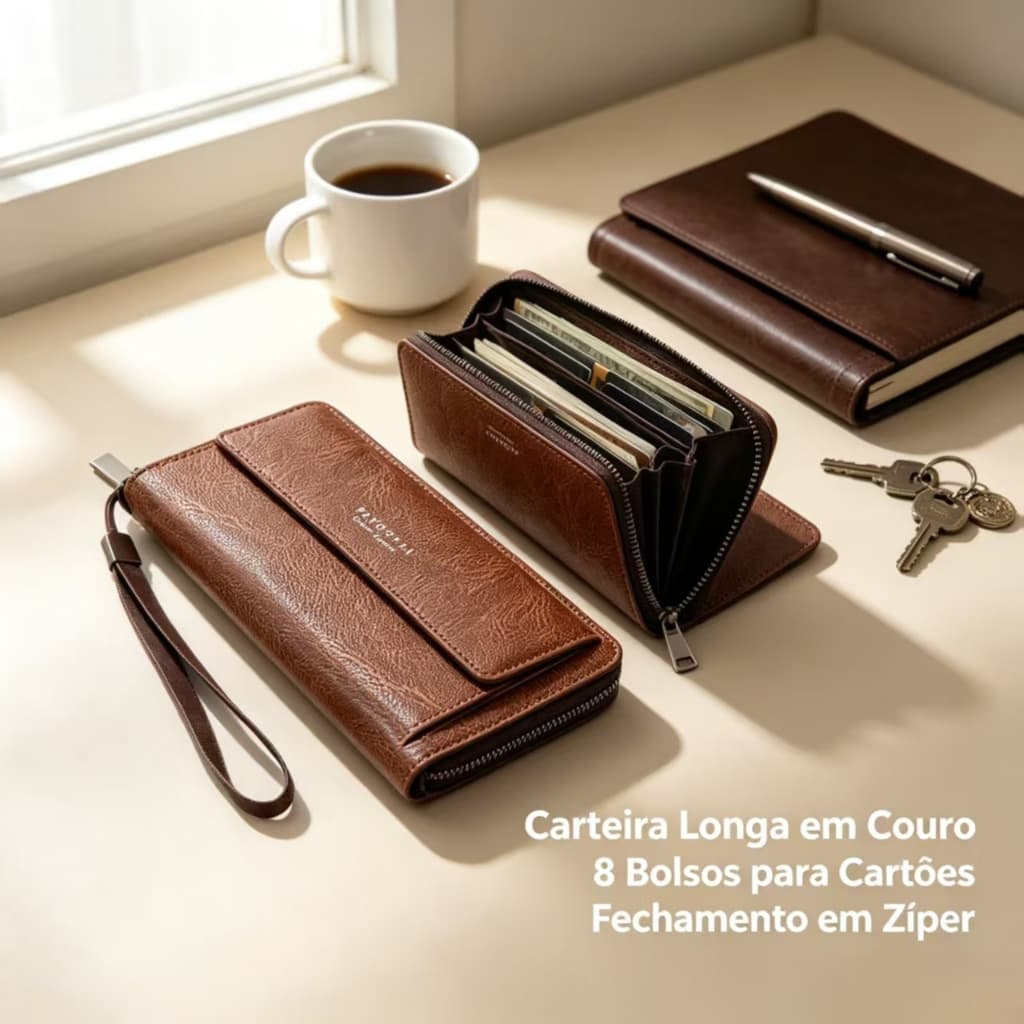 Carteira Masculina Com Zíper Longo – Bolso Para Telefone Em Couro PU De Grande Capacidade , Vários Compartimentos Cartõe
