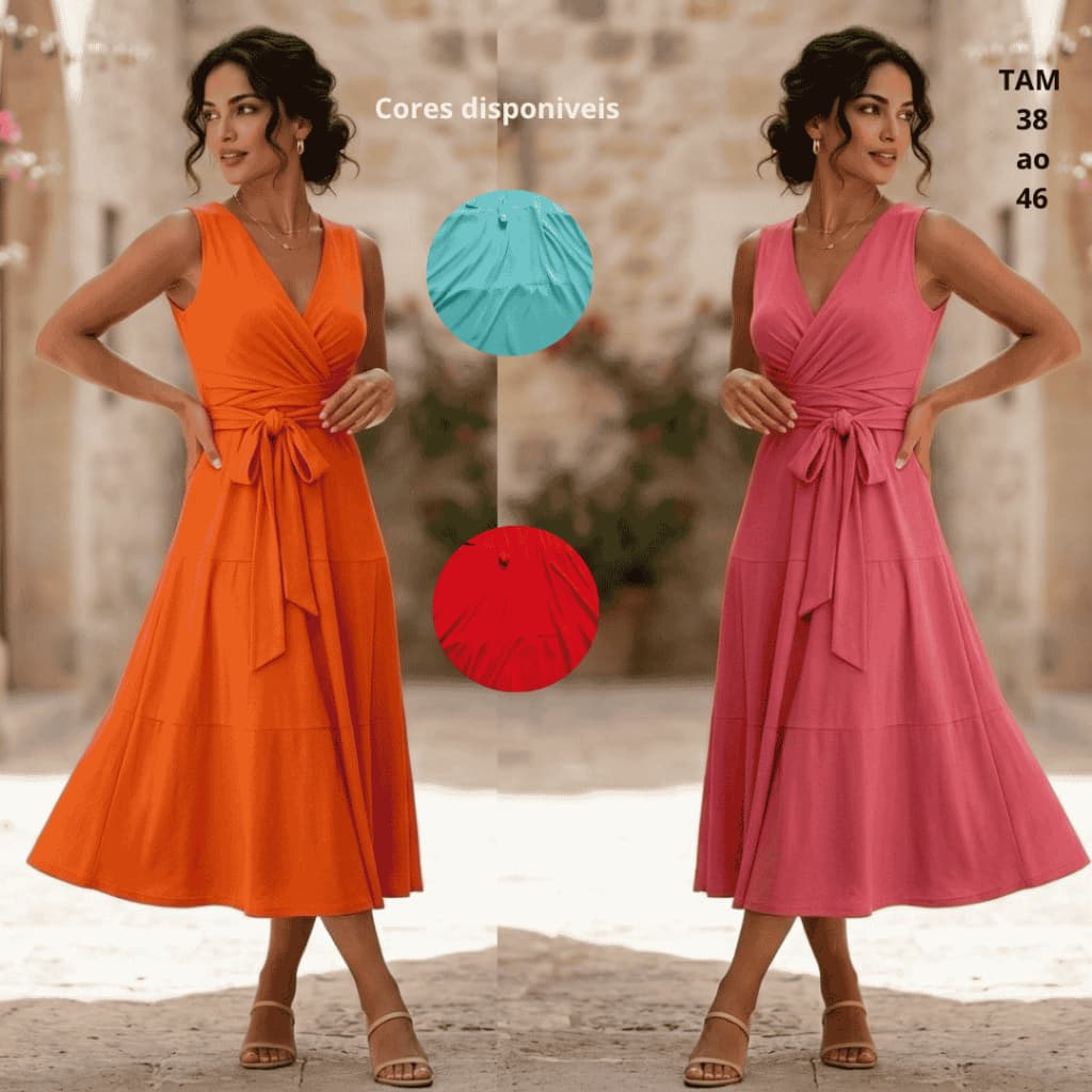 Vestido Feminino Midi Elegante Transpassado Com Amarração Acinturado Decote Soltinho Casual/Moda Festa