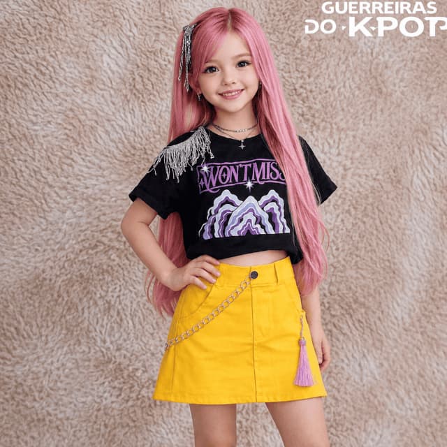 Fantasia das Guerreiras infantil com saia amarela e blusa preta