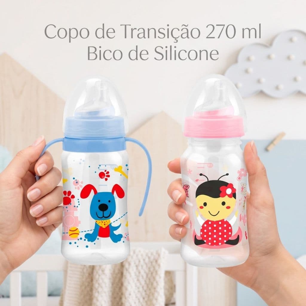 Copo Infantil Transição Bebê 270ml Bico Silicone Treinamento Antivazamento Petita Cristal +6M