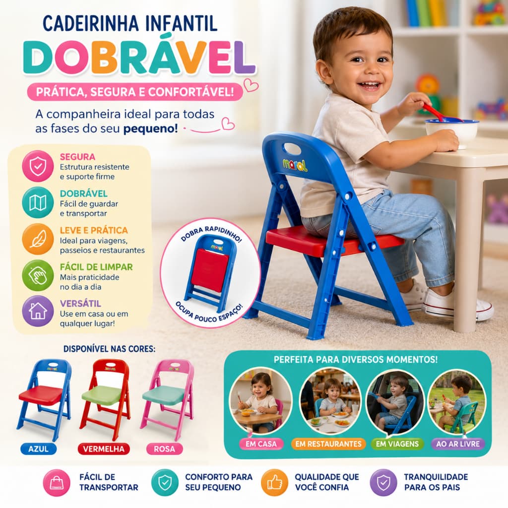 Cadeirinha Infantil Portatil Dobravél Azul Confortavel Segura Compacta