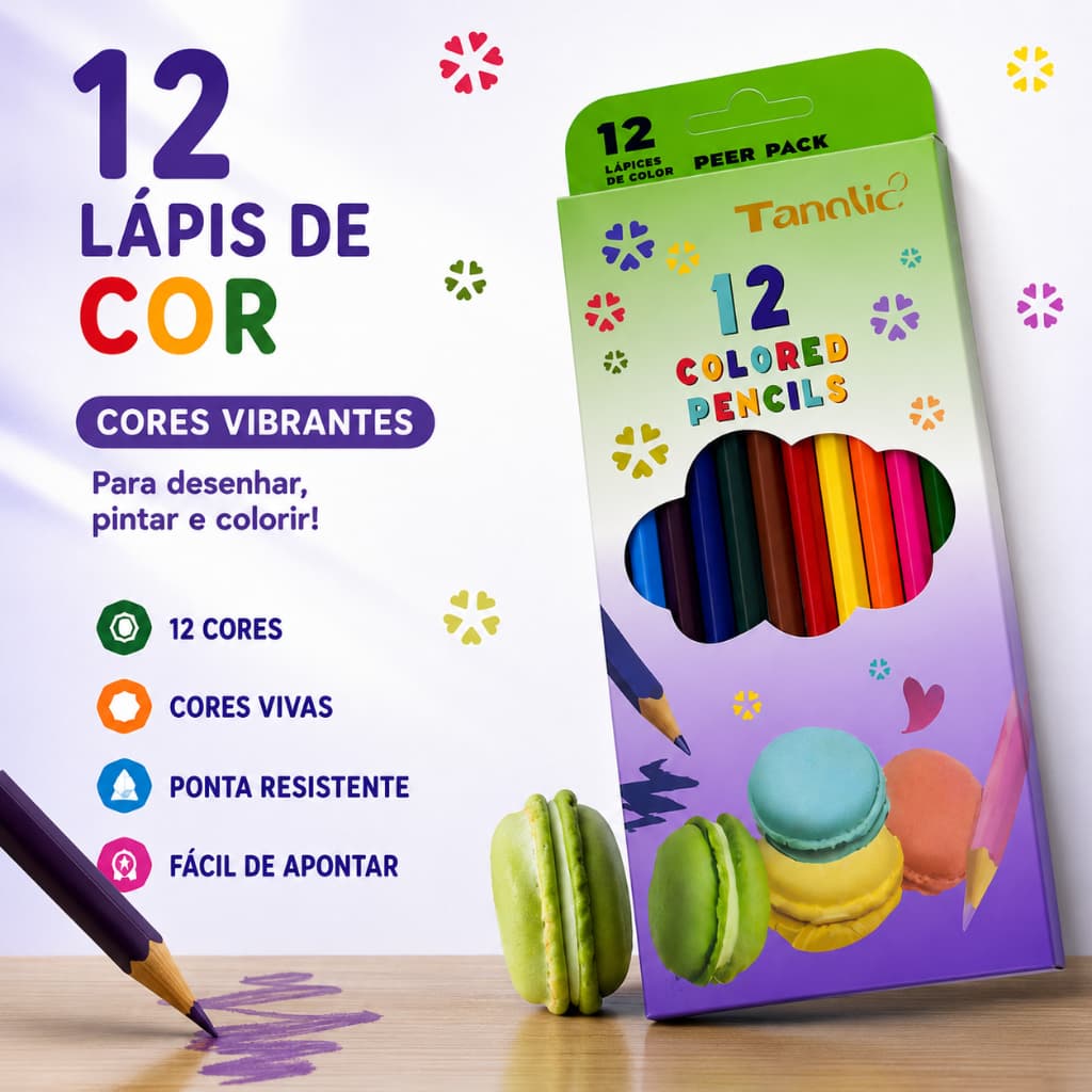 Lápis de Cor 12 Cores Escolar Infantil Desenho Cores Vivas