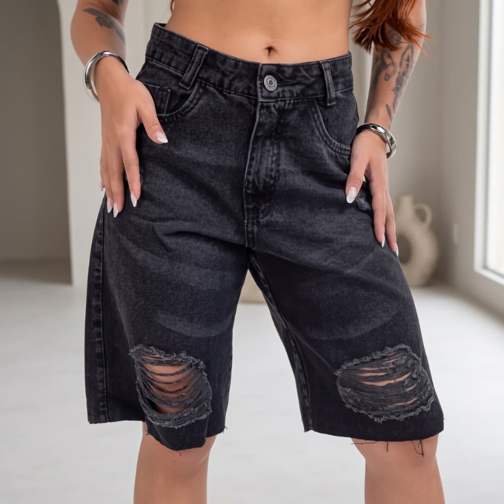 JORTS JEANS CINTURA ALTA JOELHO DESFIADO