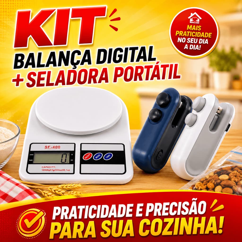 Kit Balança Digital Culinária 10kg Alta Precisão + Seladora de Sacos Vedadora Portátil LCD Função Tara