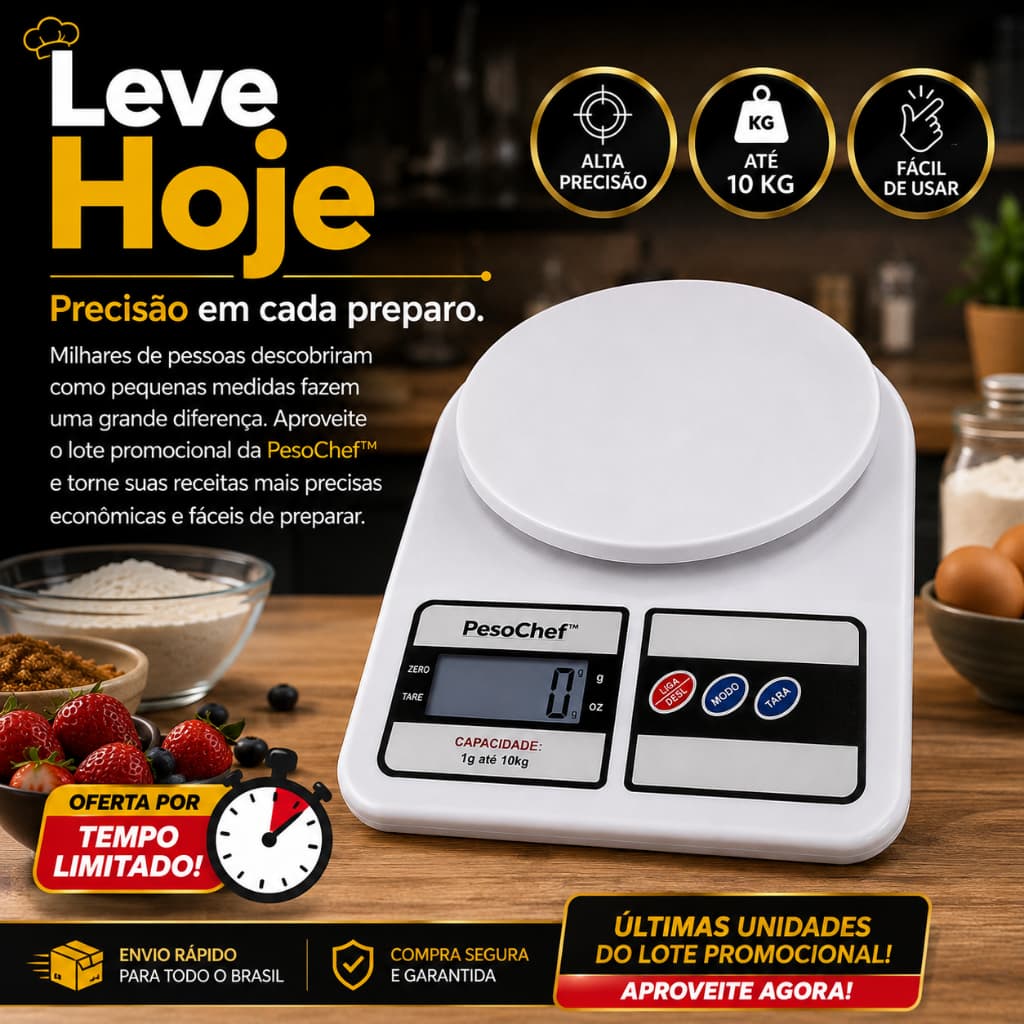 Balança Digital de Cozinha 10kg Alta Precisão Visor LCD Função Tara PesoChef™