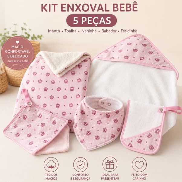 Kit Enxoval Bebê Completo 5 Peças Manta Sherpa Toalha com Capuz Babador Naninha e Fraldinha