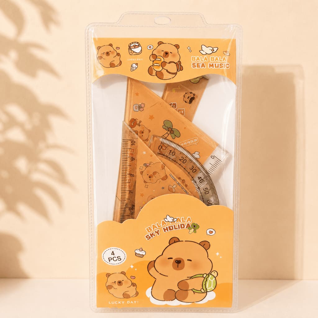 Kit Geometria Kawaii Capivara 4 Peças | Régua, Esquadro e Transferidor