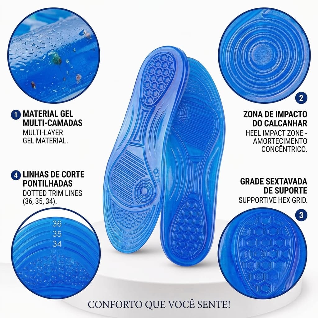 Palmilha em Gel para Tênis e Sapatos com Amortecimento, Conforto Extra, Absorção de Impacto e Suporte para os Pés