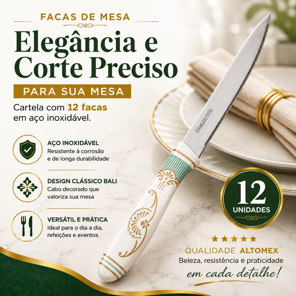 Faca de Mesa Aço Inoxidável 12cm Kit 12 Unidades Altomex Bali Serrilhada Cabo Decorado Resistente
