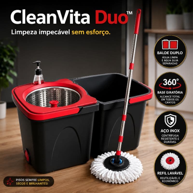 Mop Giratório Duo 360° CleanVita™ com Balde Duplo, Centrífuga em Aço Inox e Refil de Microfibra Lavável