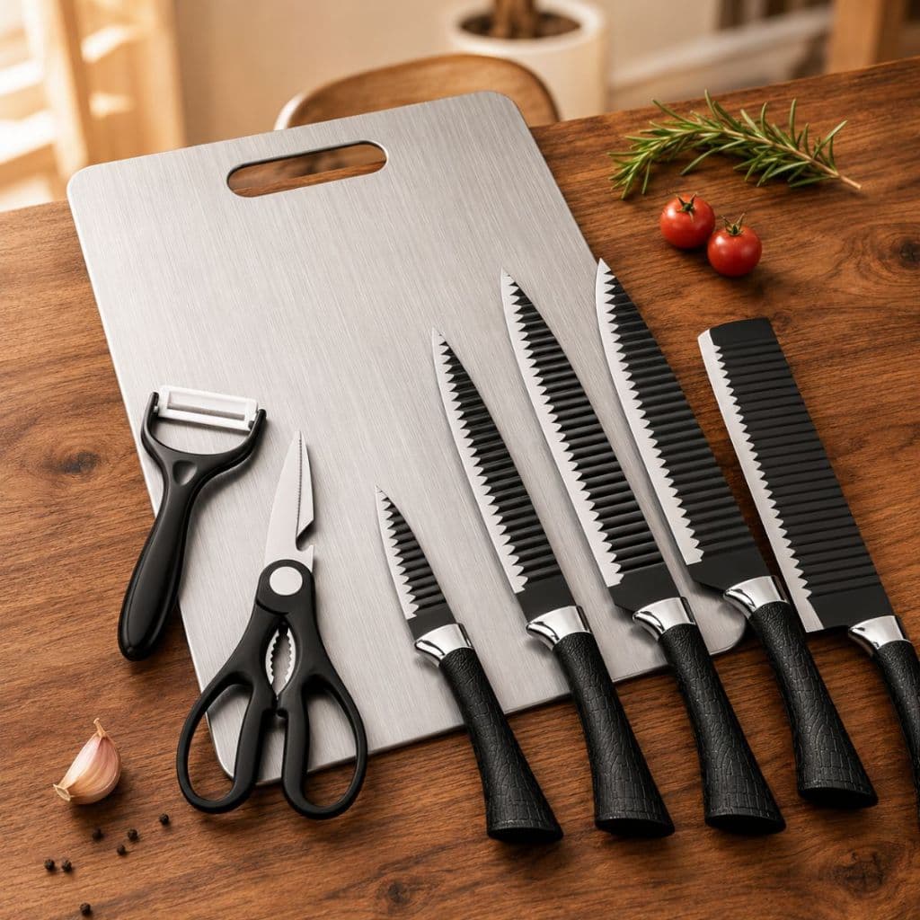 Kit Jogo De Facas Corte Afiado Antiaderente Inoxidável Chef Premium Profissional  7 peças + Tábua Inox Super resistente