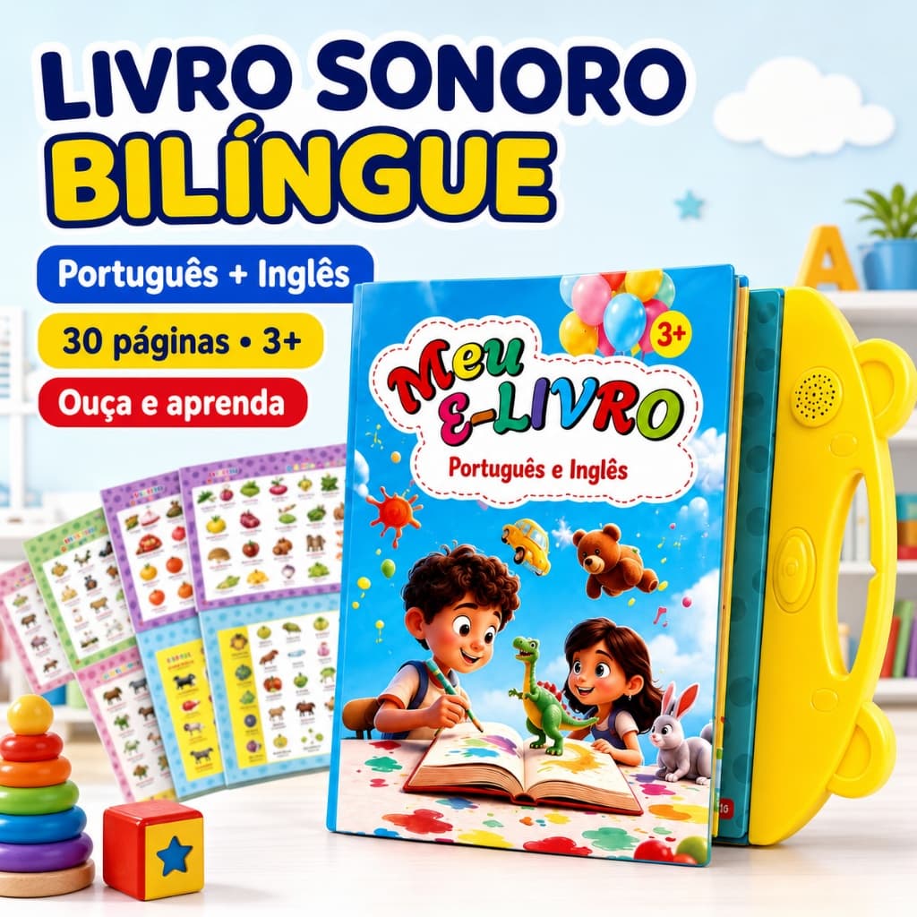 Livro Educativo Infantil Bilíngue com Som Português e Inglês 30 Páginas Interativas, Brinquedo Didático Portátil 3+ Anos