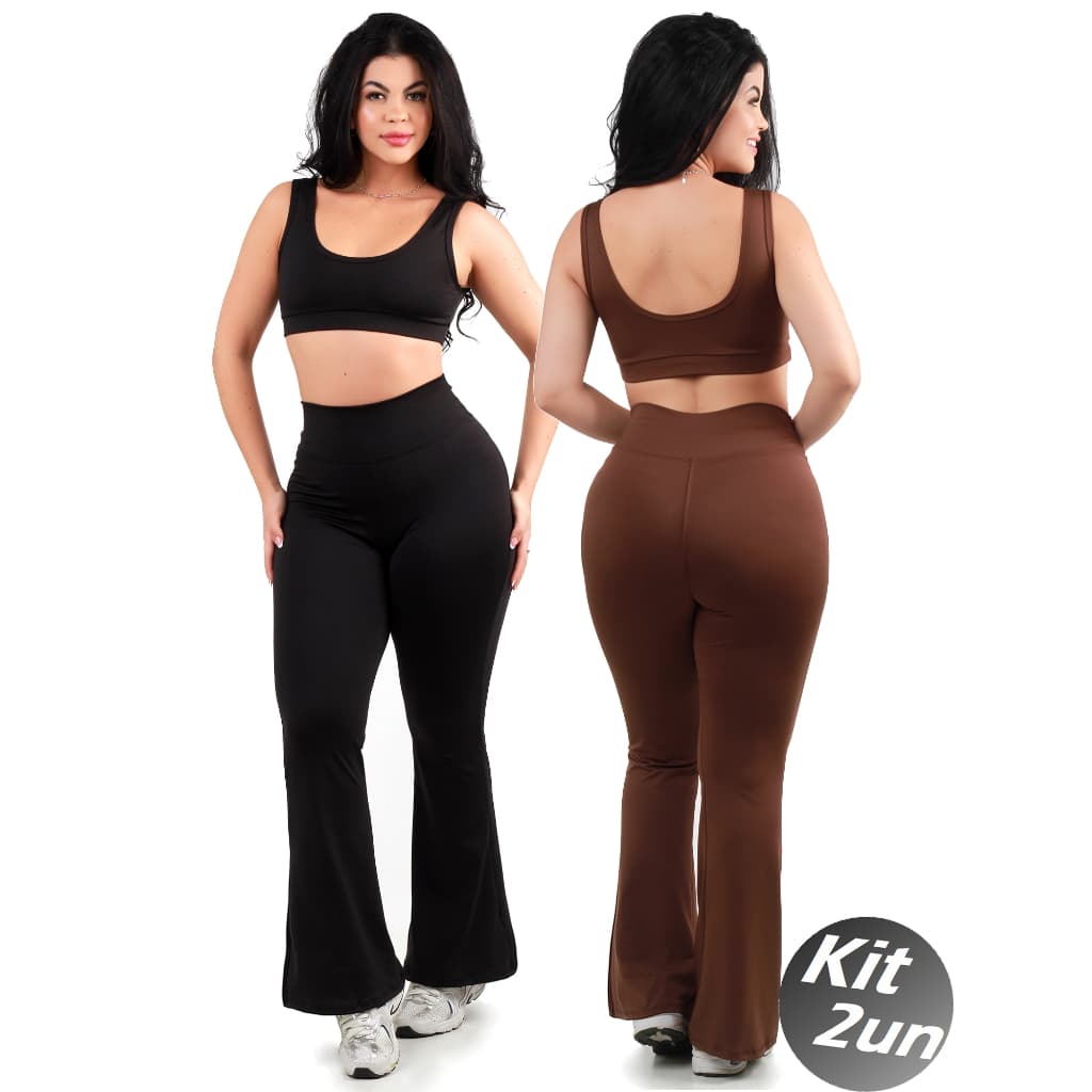 Kit 2 Conjunto Calça Flare e Top Confort Fitness Feminino Academia