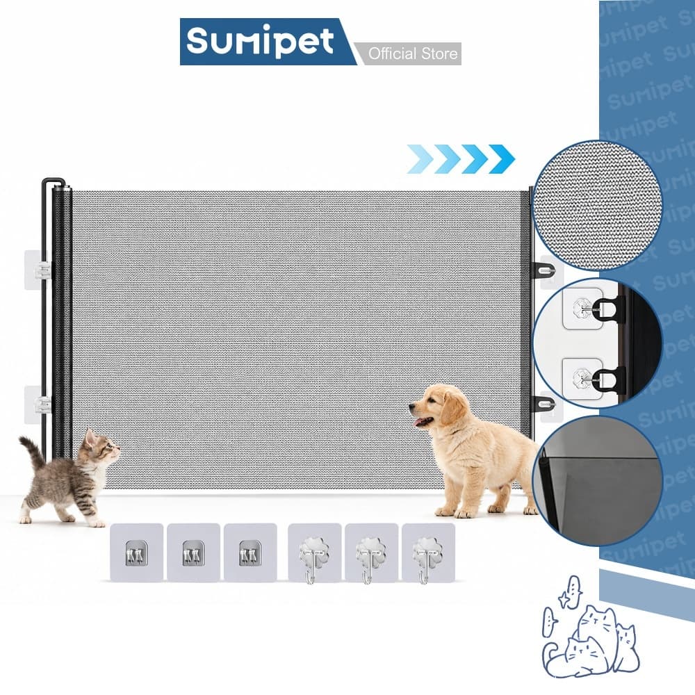 Portão Retrátil para Pets Sem Furos, Tela de Proteção para Gatos e Cães, Recolhimento Automático, 110/150/180x78cm