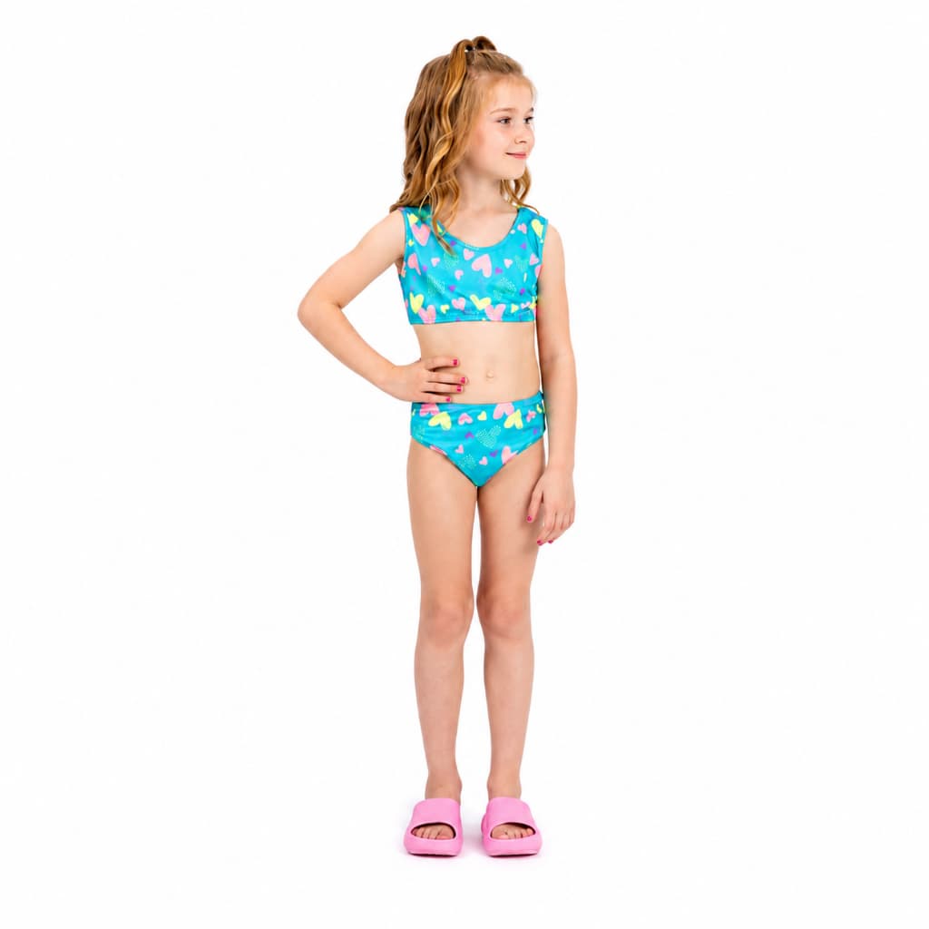 Conjunto Infantil Cropped UV 50+ Corações Azul