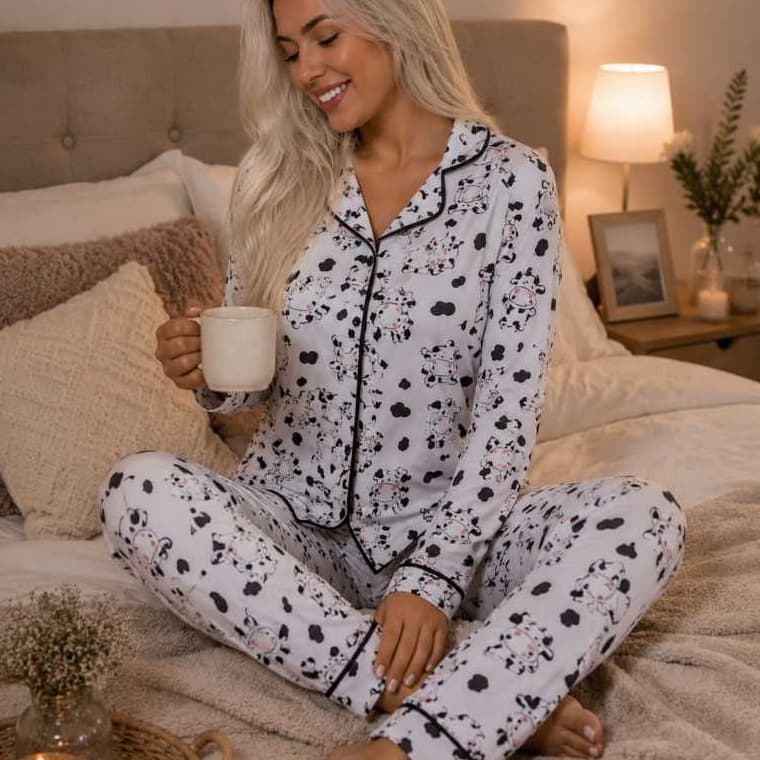 PIJAMA FEMININO BOTÃO FEMININO COM CALÇA VAQUINHA
