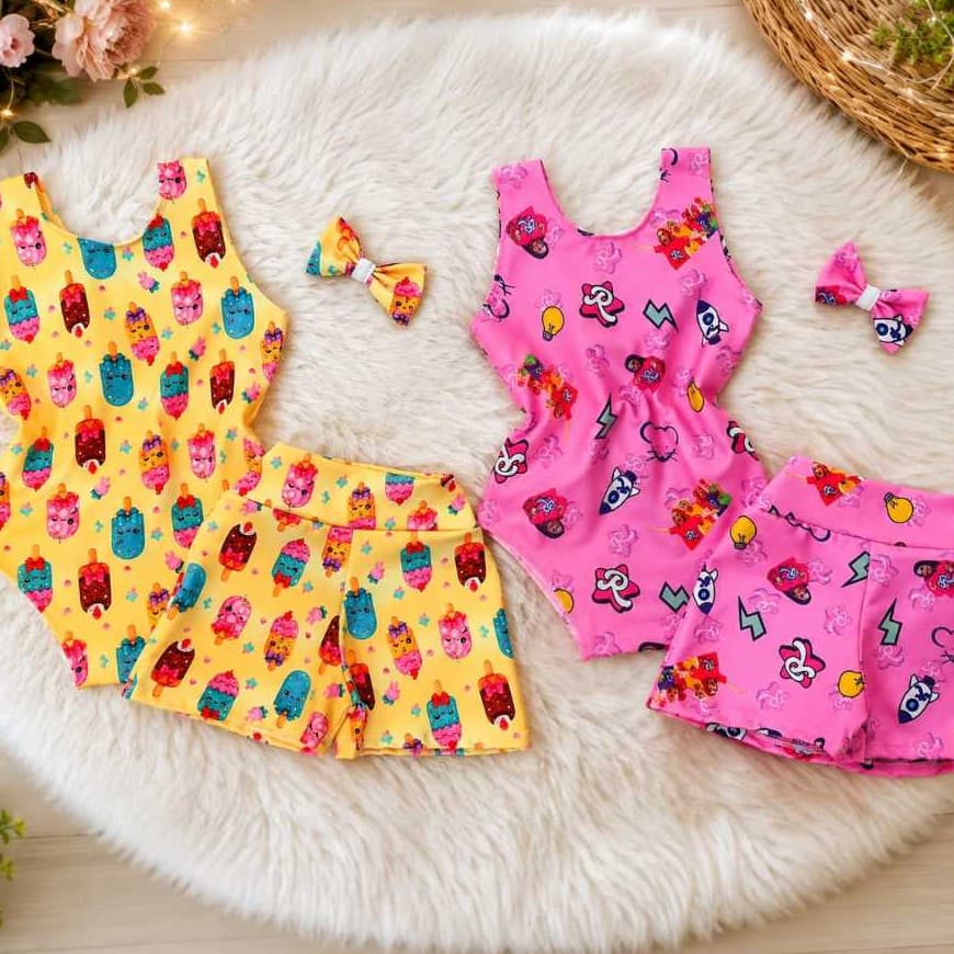 (6 meses a 6 anos) Conjunto Maiô Body + Short + Acessório de cabelo Infantil Menina Moda praia Suplex
