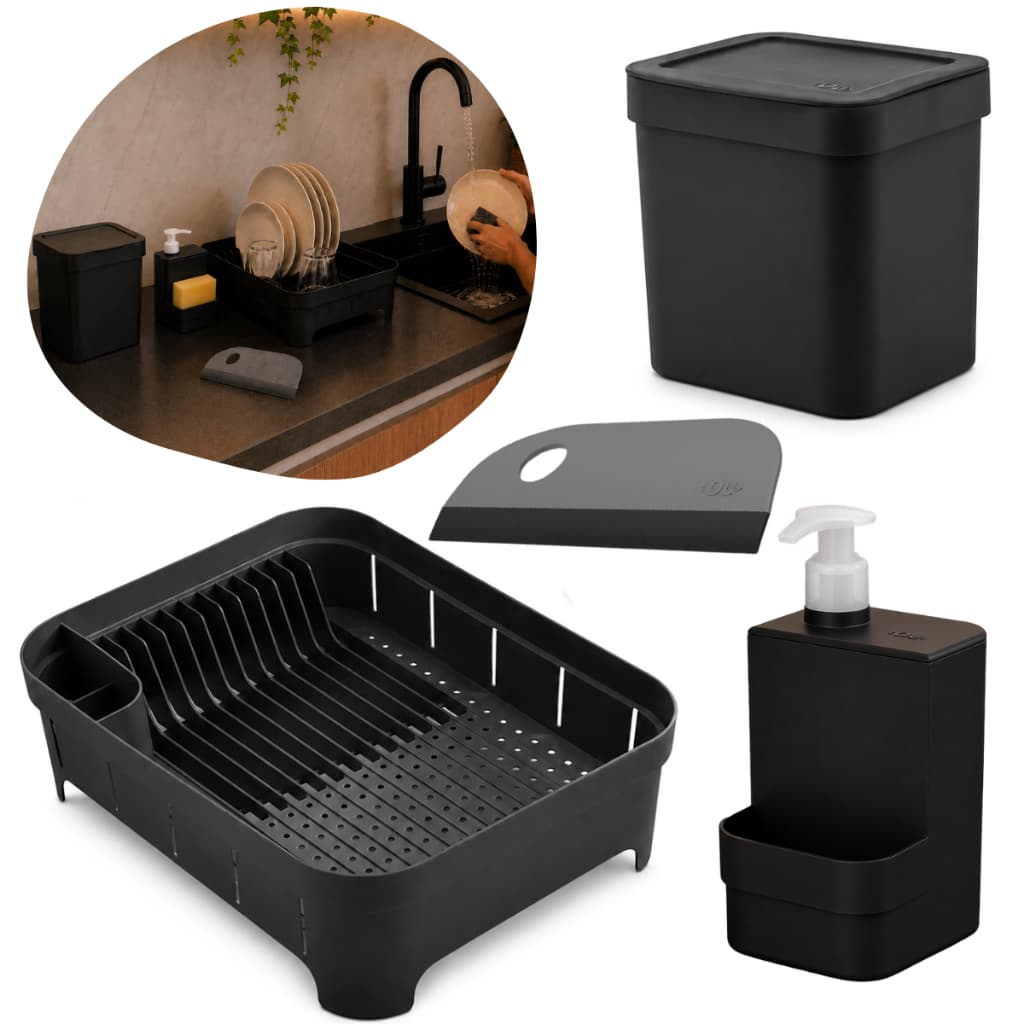 Kit Pia Cozinha Preto 4 Peças Lixeira Dispenser Escorredor de Louça Rodo 19cm
